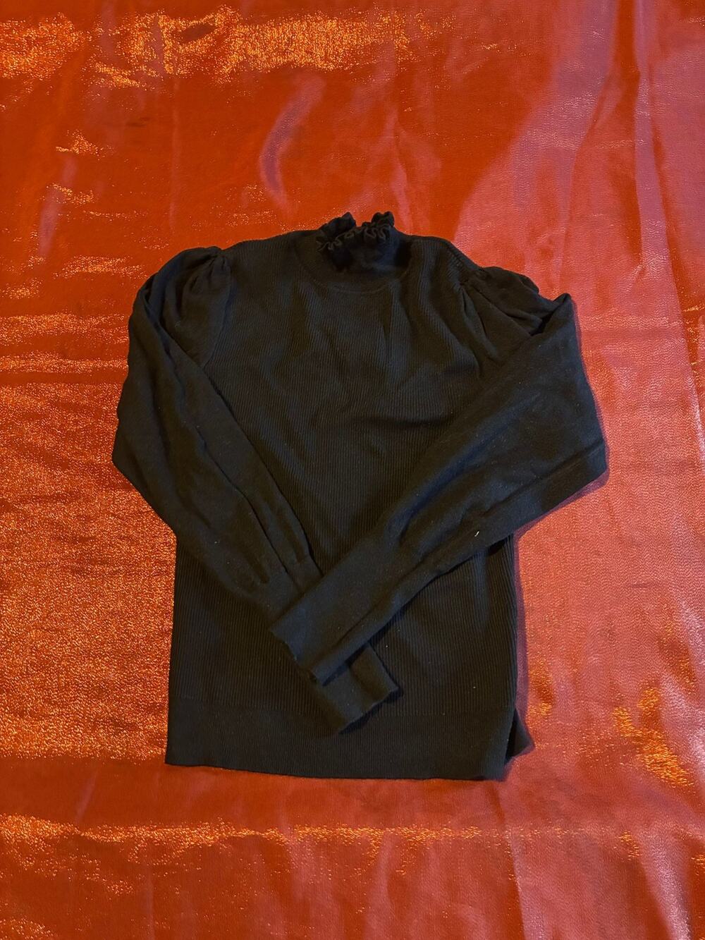 Premise Sweater Womens M Ribbed Mock Neck Ruffle Puff Long Sleeve Black Knit